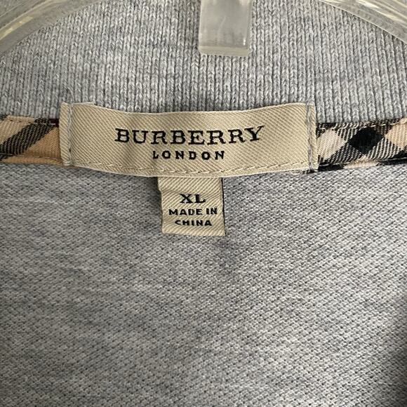 Burberry Polo Shirt T Shirt Gray Short Sleeve Cotton Nova Check Trim Logo Tee XL - Picture 5 of 8